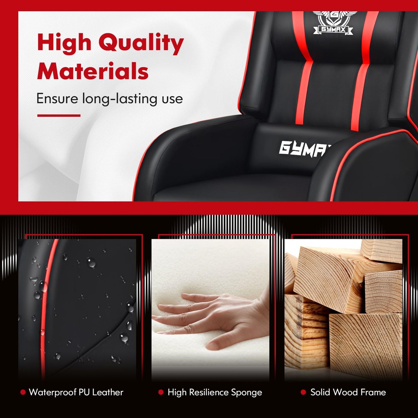 GYMAX Gaming Recliner, Massage Gaming Chair with Adjustable Footrest, Remote Control & Side Pocket, Ergonomic Game Lounge Chair, Racing Style Single Theater Seat Game Sofa for Adults (Red)