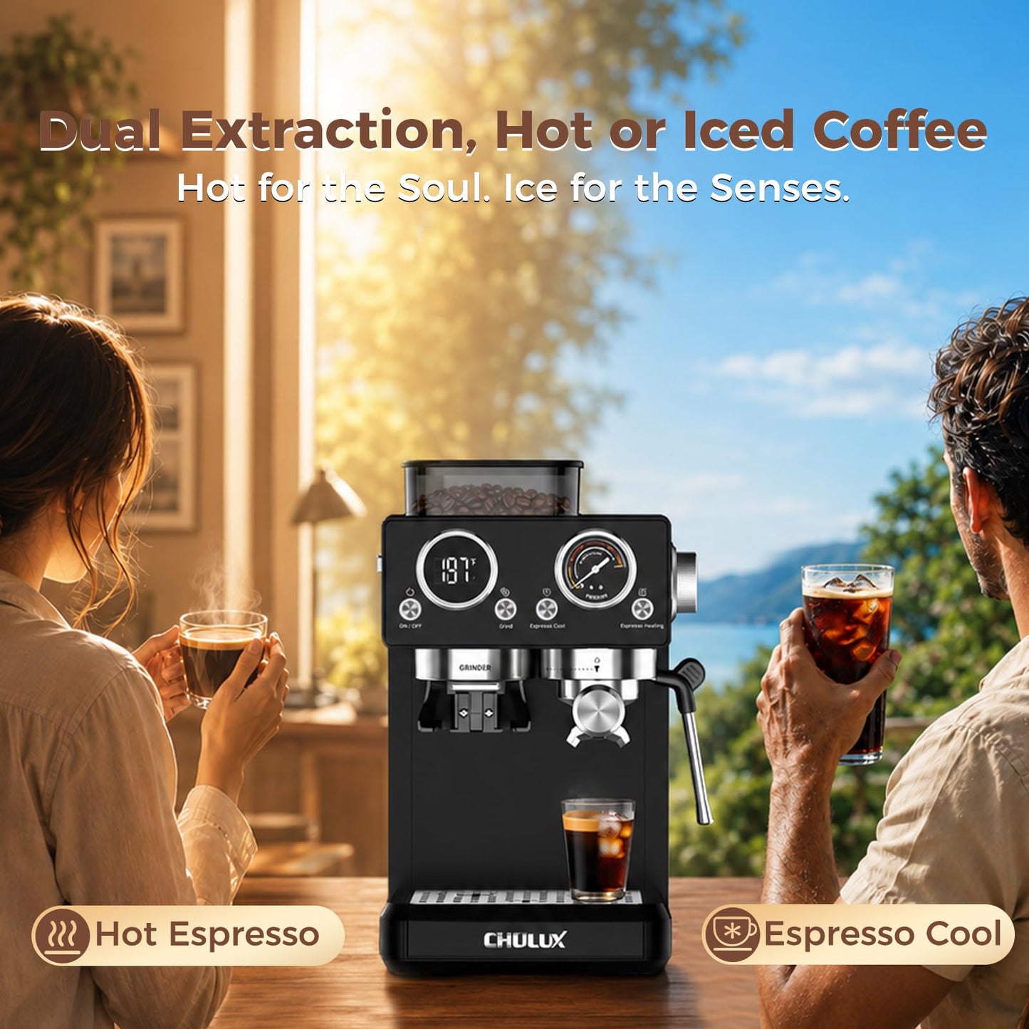 CHULUX Nero Espresso Machine with Built-in Conical Burr Grinder, 4-in-1 20 Bar Espresso Coffee Maker for Cappuccino, Latte, Hot & Iced Espresso and Hot Water, Mystic Black