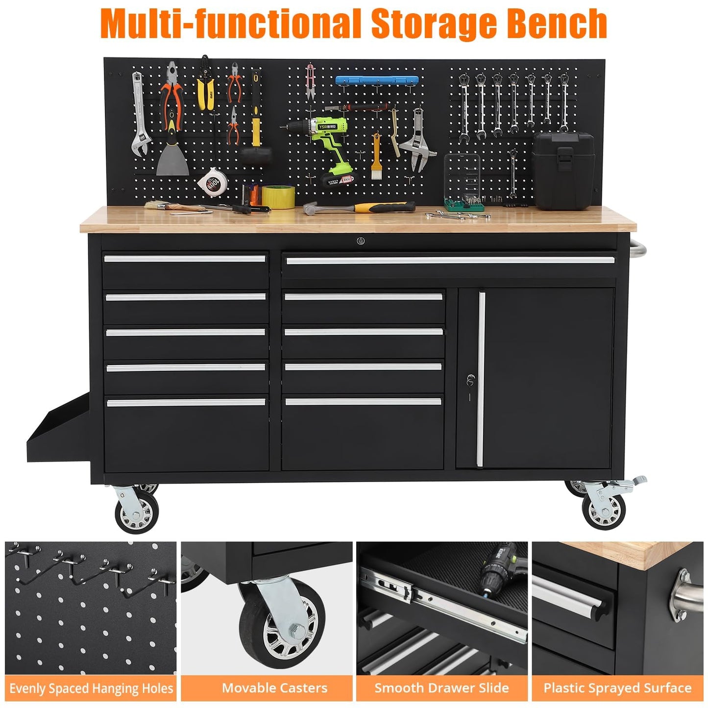 Garvee Rolling Tool Chest, 61 in Garage 10 Drawers Workbench Storage Tool Cabinet with Solid Rubber Wood Top, Power Strip, 1675 LBS Load Mobile Workstation, Heavy Duty Rolling Cabinet, Black