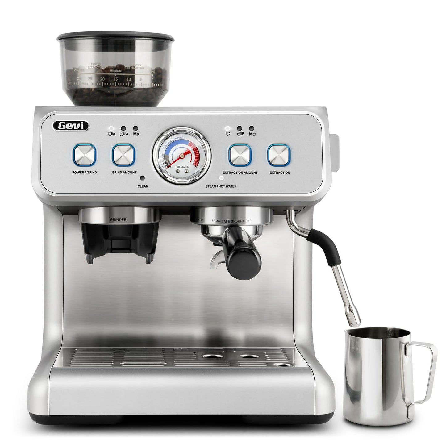 Gevi Dual Boiler Espresso Machine, Built-in Coffee Grinder, 58mm Commercial Portafilter, Professional Steam Wand, 31 Grind Levels, Stainless Steel Silver Home Barista Coffee Maker
