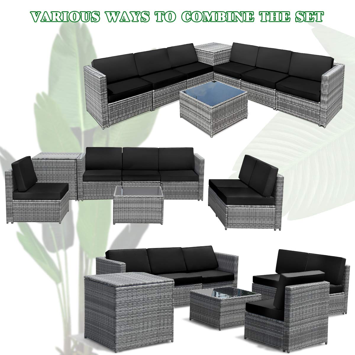 Tangkula 8 Pieces Wicker Patio Furniture Set with Storage Deck Box, PE Rattan Outdoor Sectional Sofa Conversation Set with Coffee Table & Cushions, Outside Furniture for Garden Yard Poolside (Black)