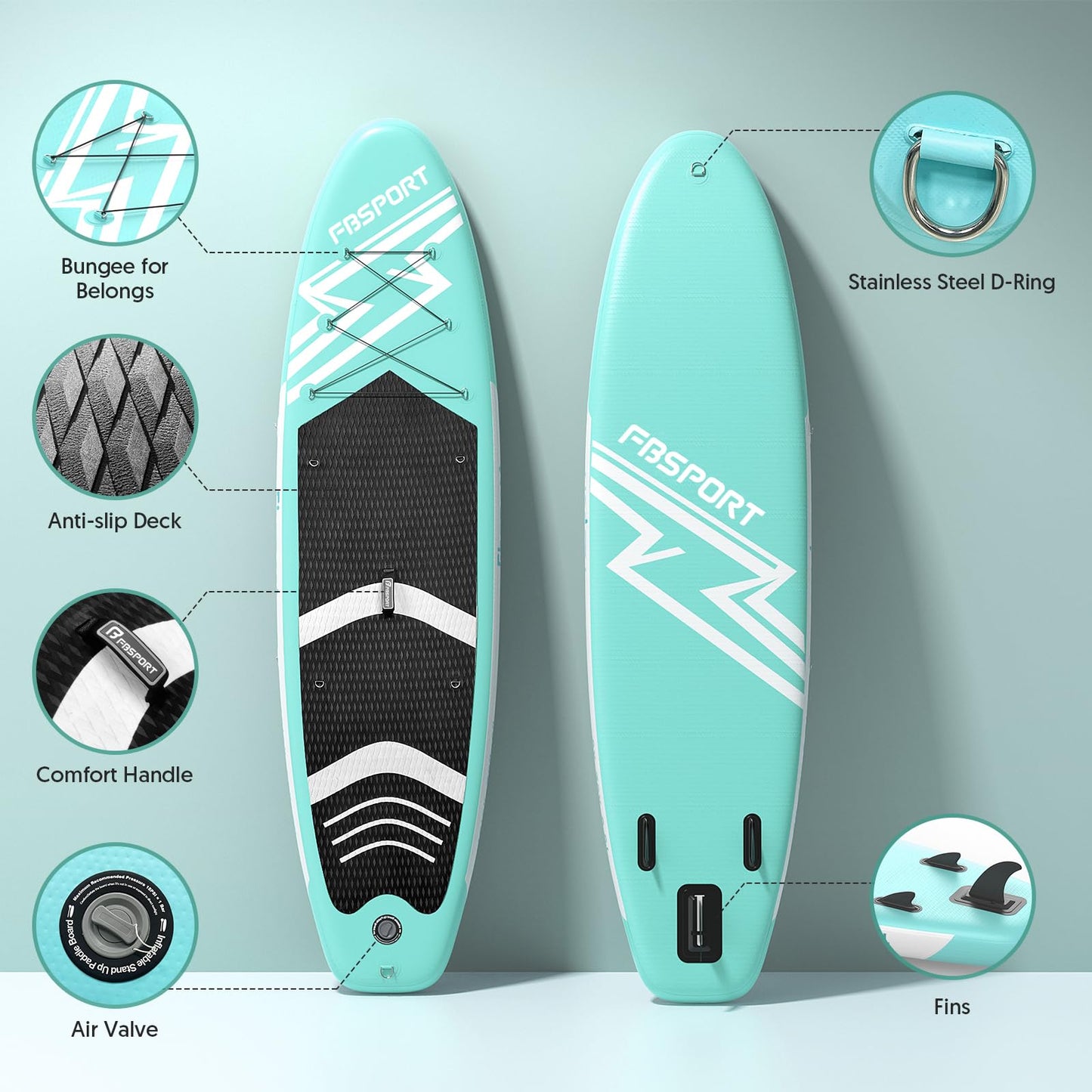 FBSPORT 11' Premium Stand Up Paddle Board, Yoga Board with SUP Accessories & Carry Bag | Wide Stance, Surf Control, Non-Slip Deck, Leash, Paddle and Pump for Youth & Adult (MintGreen)