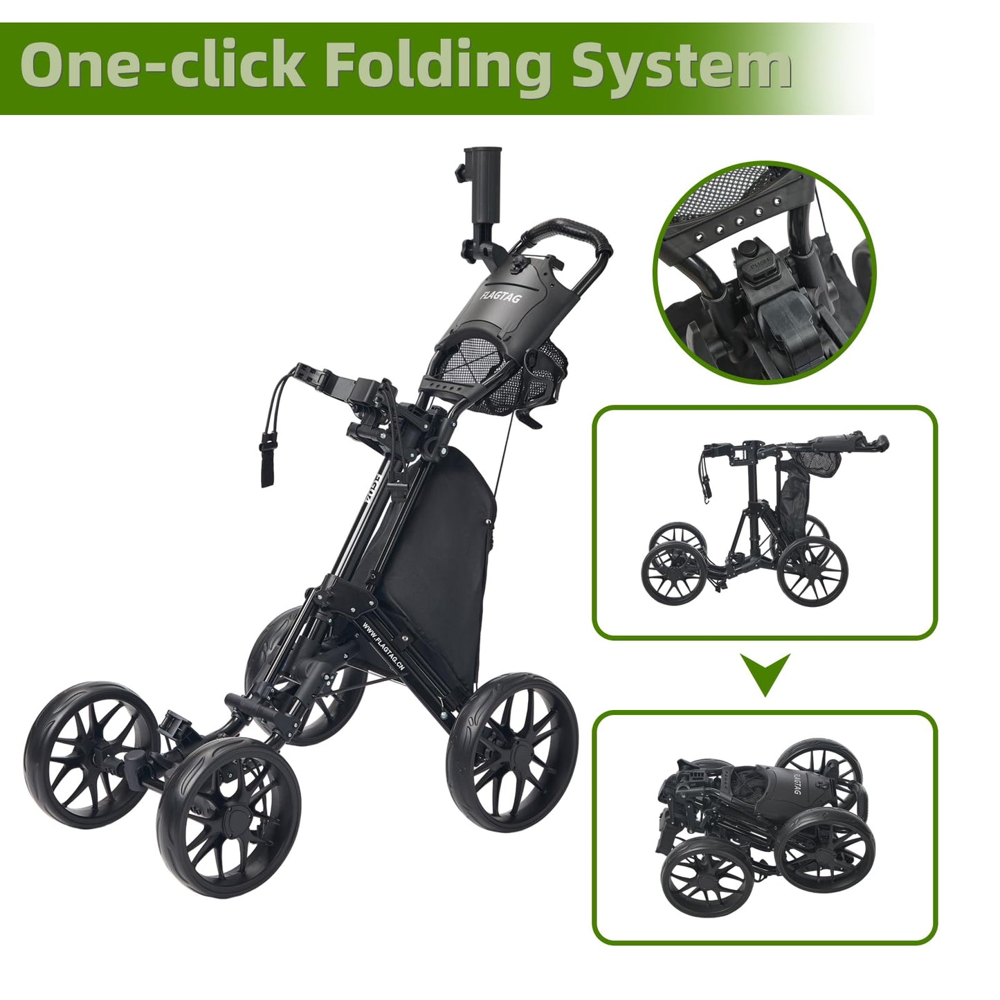 FLAGTAG Golf Push Cart 4 Wheels,Folding Golf Cart, Golf Pull cart with Cup Holder,Umbrella Holder,Cooler Bag, Foldable with one-Click,Handle Height Adjustable,Drink Holder,Walking Push cart