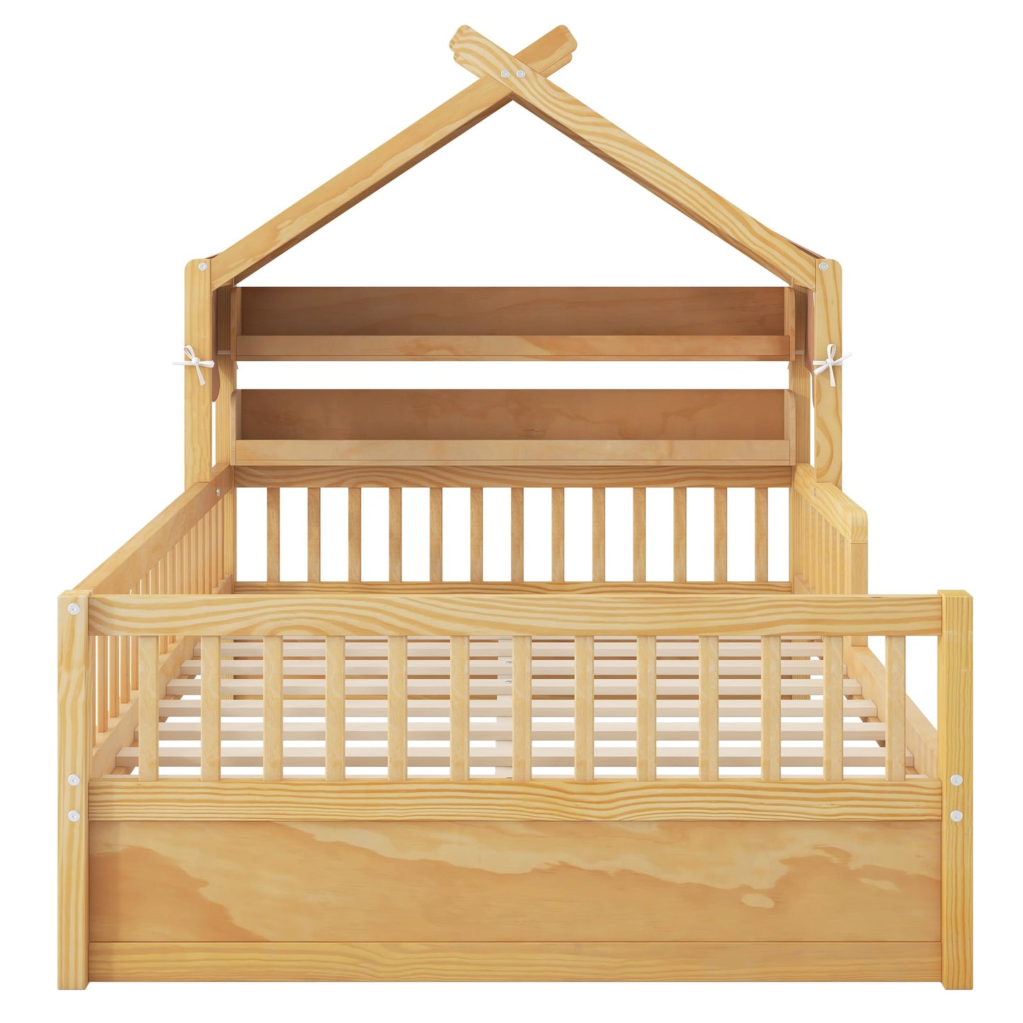 Merax Twin Size House Bed with Storage Headboard Shelf & Removable Canopy, Wooden Platform Bed Frame with Guardrail for Boys Girls Teens Bedroom Use, No Box Spring Needed, Natural