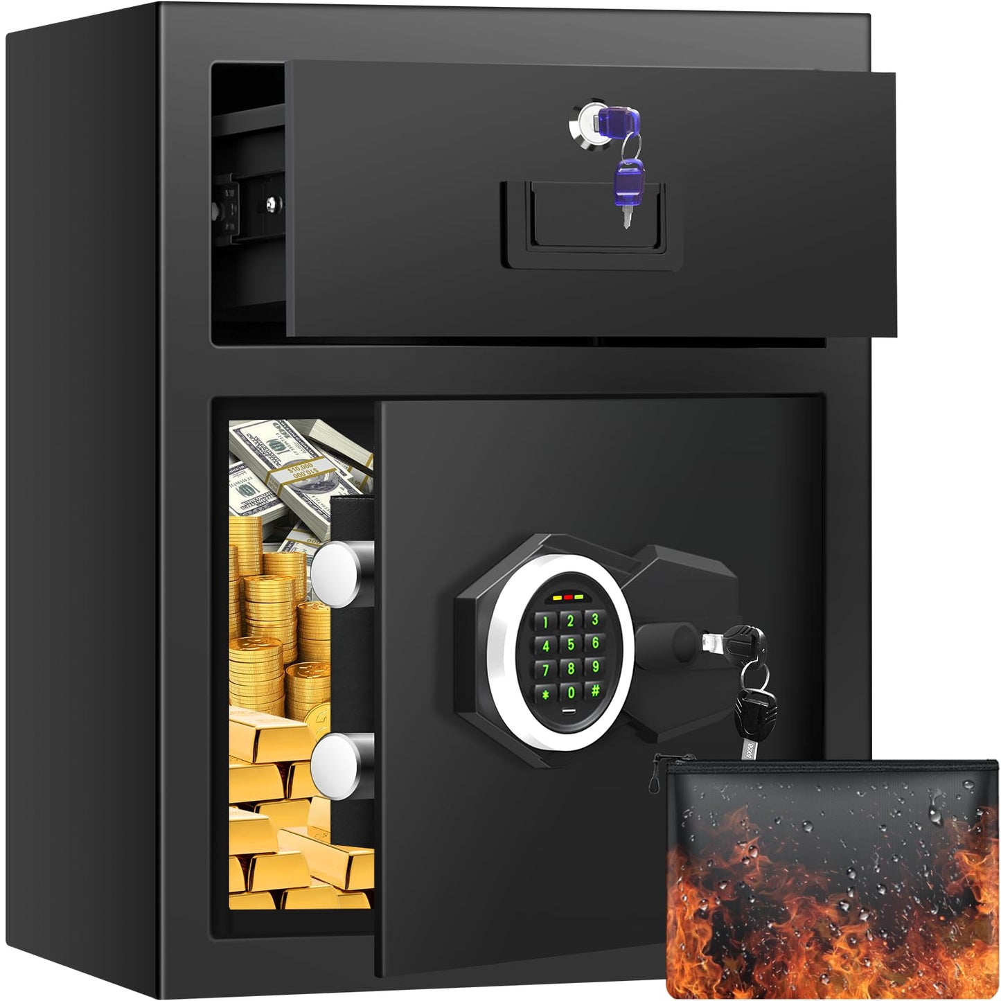 2.8 Cuft Safe Box for Home Documents, Anti-Theft Home Safe with Fireproof Bag, Drawer, Digital Backlit Keypad, Spare Key, Smart Alarm & Mute Function, Safes for Home Office of Money Valuable Jewelry