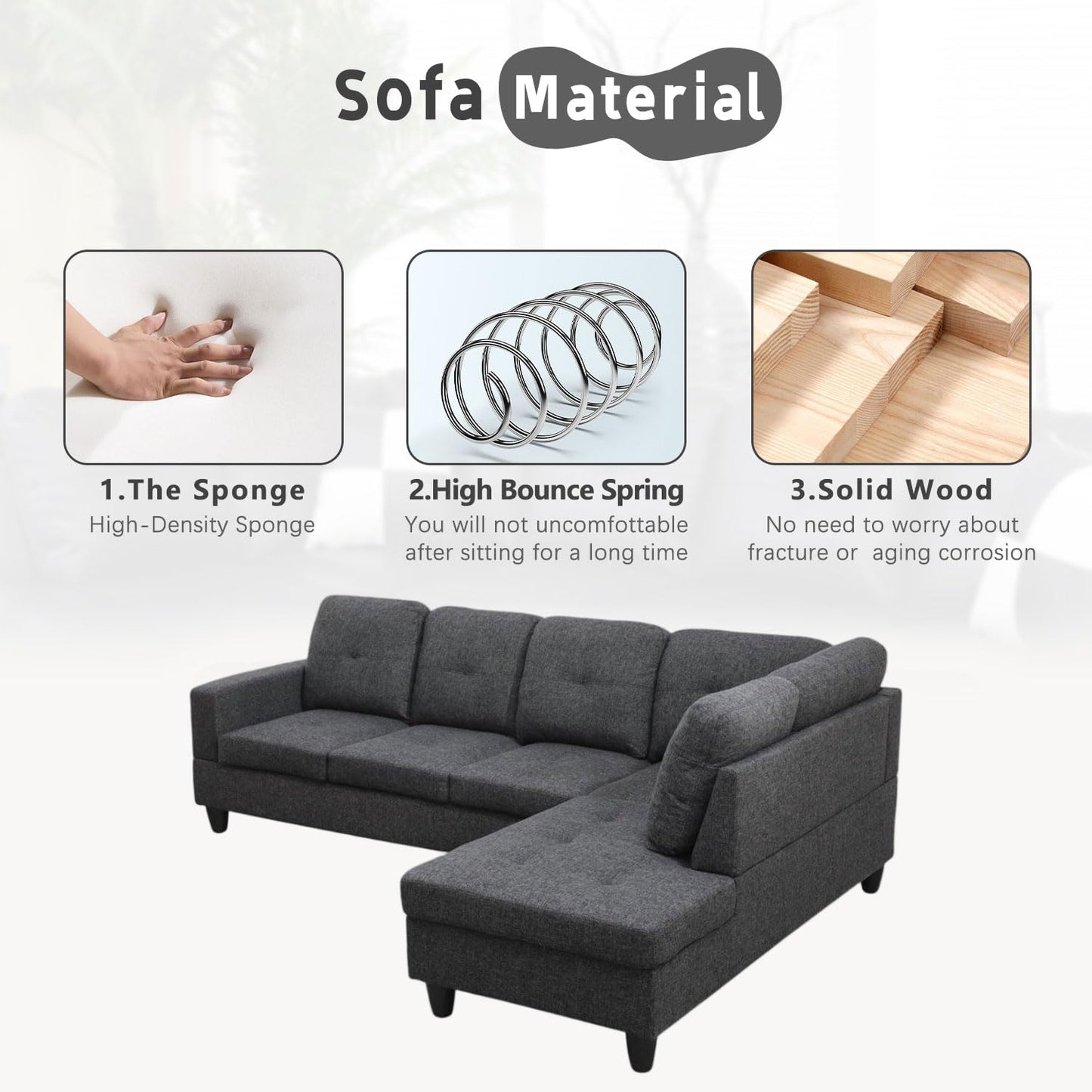 UOCFYK L-Shaped 3-Piece Flannel Sofa with Storage Ottoman Set, Sectional Couch Sofa Set for Living Room, Office, Small Space, Black Grey