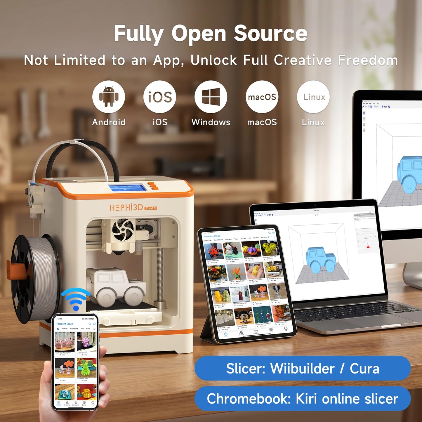 HEPHi3D TINA2C 3D Printer with WiFi Cloud Print, Fully Assembled Mini 3D Printer for Beginners and Kids, Auto Leveling, 3000+ Models APP Control 3D Printers Fully Open Source for Home, School, Office