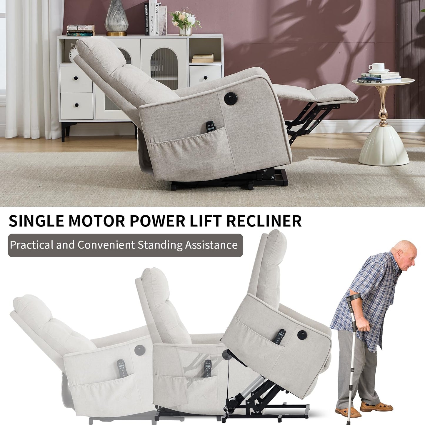 KEIKI Single Motor Power Lift Recliner Chair with Massage and Heat for Home Theater, Soft Fabric Finish with USB Charging Port and Motion Mechanism for Elderly