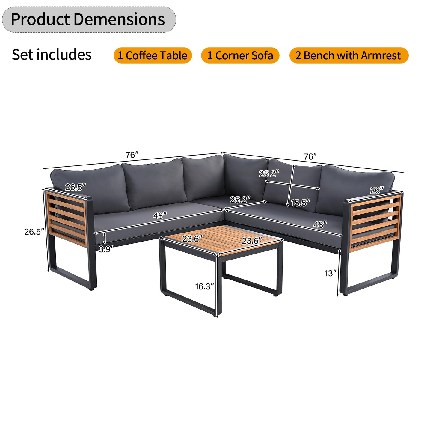 4 Pieces Outdoor Patio Conservation Set, Metal and Wood Frame Sectional L-Shaped Sofa with Soft Cushion and a Coffee Tables for Garden, Backyard, Porch and Deck, Gray