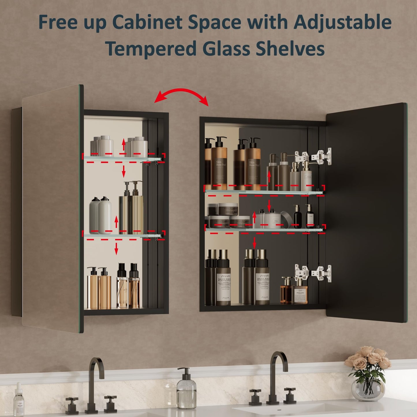 24x30 Inch Medicine Cabinet with Mirror, Recessed or Surface Mounted Bathroom Cabinets for Storage, 2 Fully Adjustable Tempered Glass Shelves, Soft-close DTC Hinges, HD Reflection Mirror Door, Black