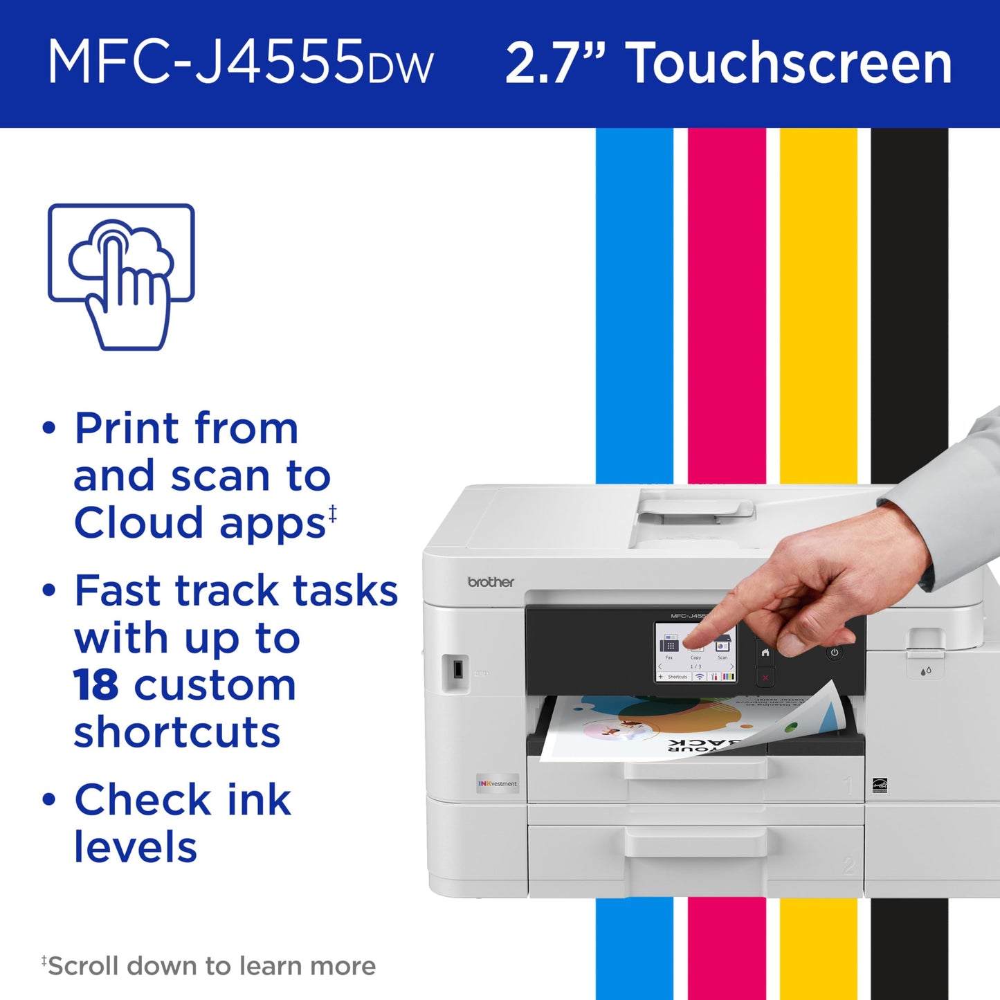 Brother INKvestment 4555 Wireless Color Inkjet All-in-One Printer with 2.7” Color Touchscreen and 2 Paper Trays | Includes Refresh Subscription Trial(1) (MFC-J4555DW)