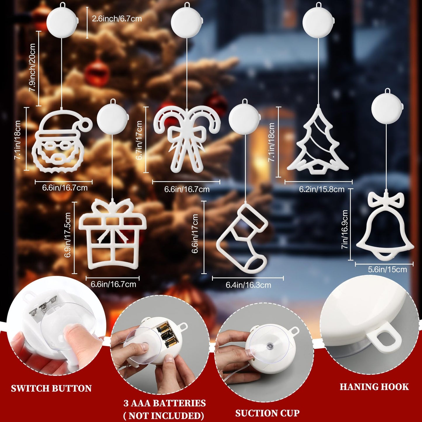 Gejoy Christmas Window Lights - 6 Pcs Warm White Acrylic Silhouette with Timer, Battery Operated, Classic Style Decor for Indoor/Outdoor