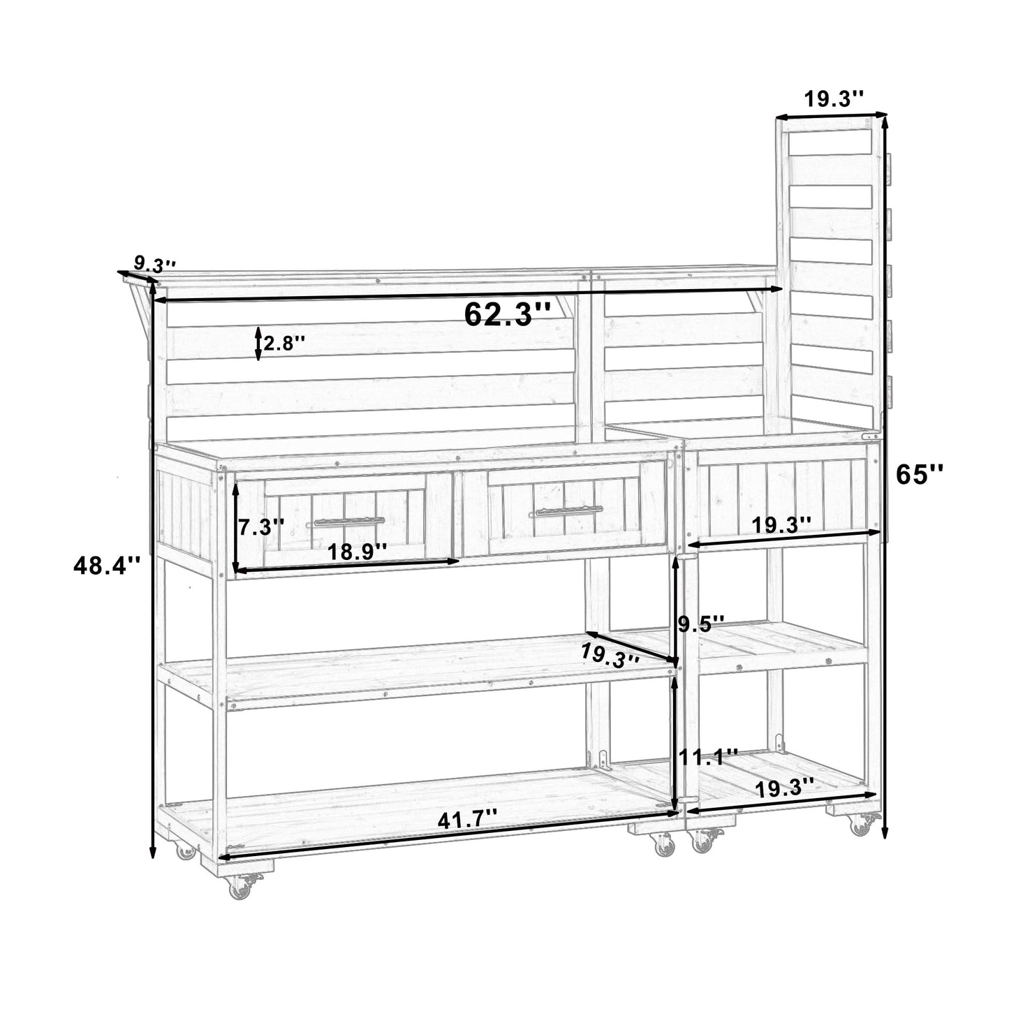 GDFStudio Elshire Patio Kitchen Island Cart with Storage, Wooden Outdoor Storage Cabinet with Stainless Steel BBQ Prep Table Top, Drawers, Raised Shelf and Lockable Wheels, Garden Potting Bench, Black