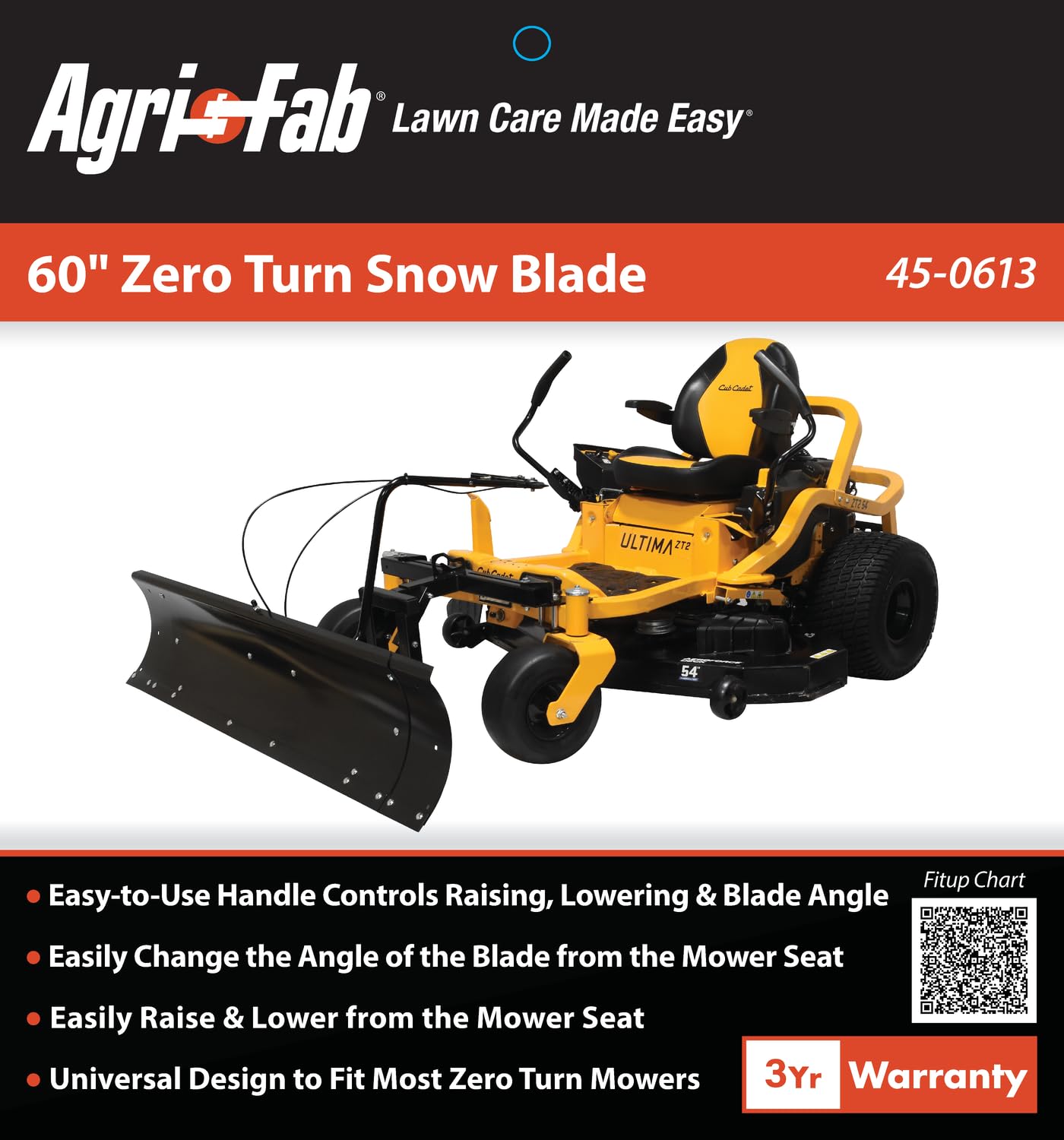 Agri-Fab 60 in Snow Blade for Zero Turn Lawn Mowers, Adjustable Left Center Right Angling, Heavy-Duty 14 Gauge Steel Construction