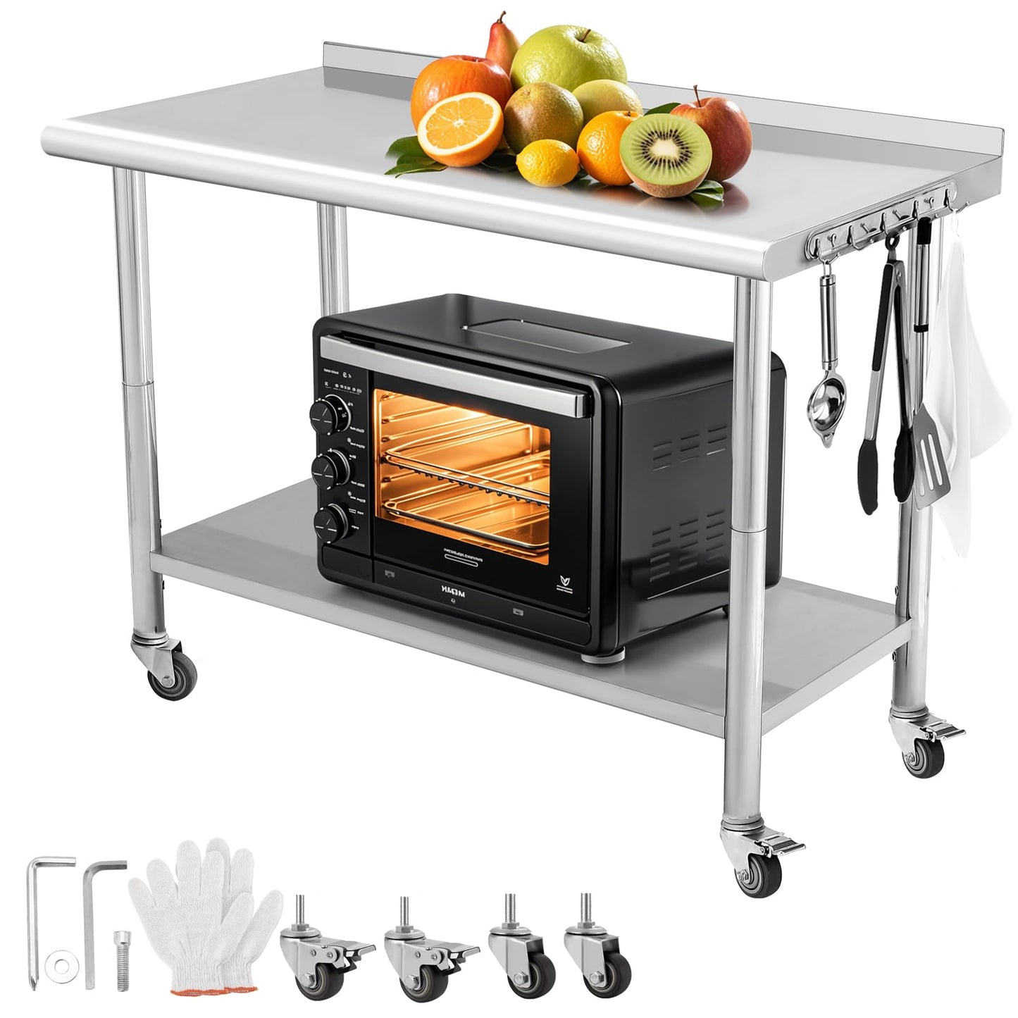 NSF Stainless Steel Table for Prep & Work, 48" x 24" with Adjustable Undershelf and Hooks, Commercial Heavy Duty Table for Restaurant, Home and Hotel