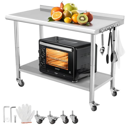 NSF Stainless Steel Table for Prep & Work, 48" x 24" with Adjustable Undershelf and Hooks, Commercial Heavy Duty Table for Restaurant, Home and Hotel