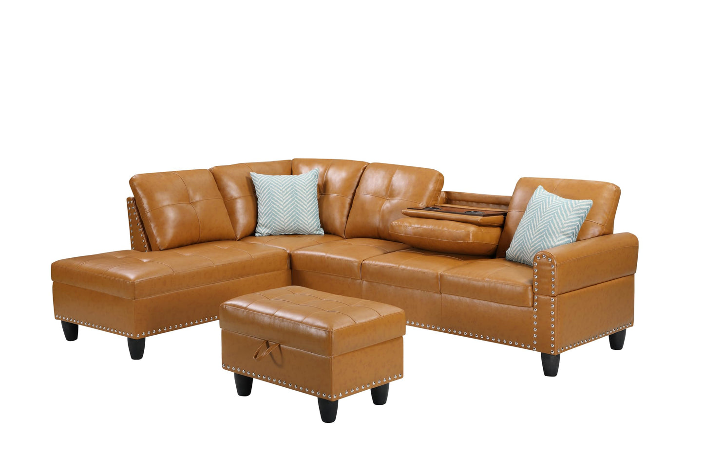 Favfurish 98" L Shaped Sectional Sofa Set with Storage Ottoman Reversible Back Cushion Cupholders,Faux Leather Upholstered Modular Couch for Living Room,Office,Home Furniture,Ginger
