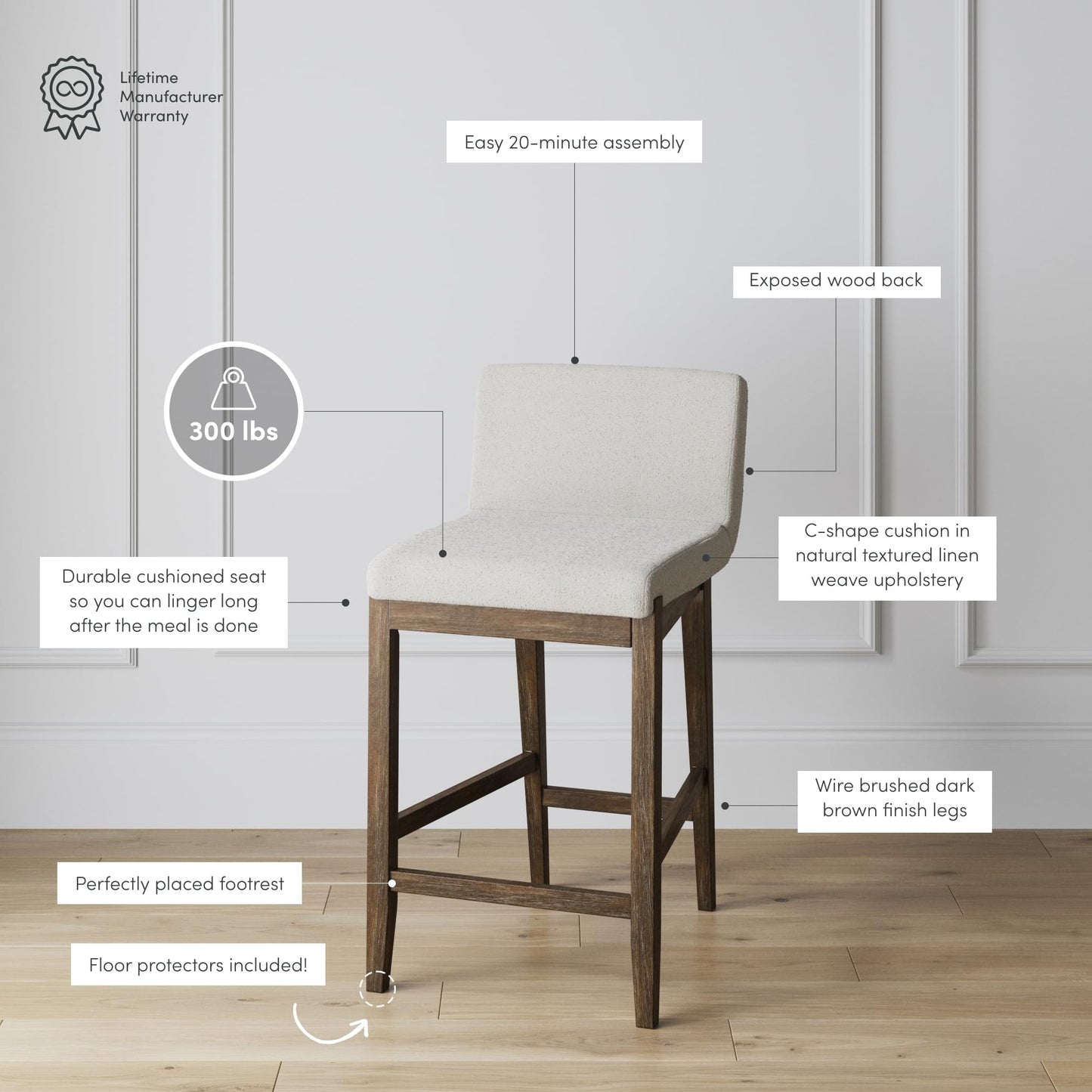 Nathan James Gracie Modern Counter Height Bar Stool with Back, Counter Stool Upholstered Chair with Natural Textured Linen and Brushed Wooden Legs, Cream Boucle/Dark Brown