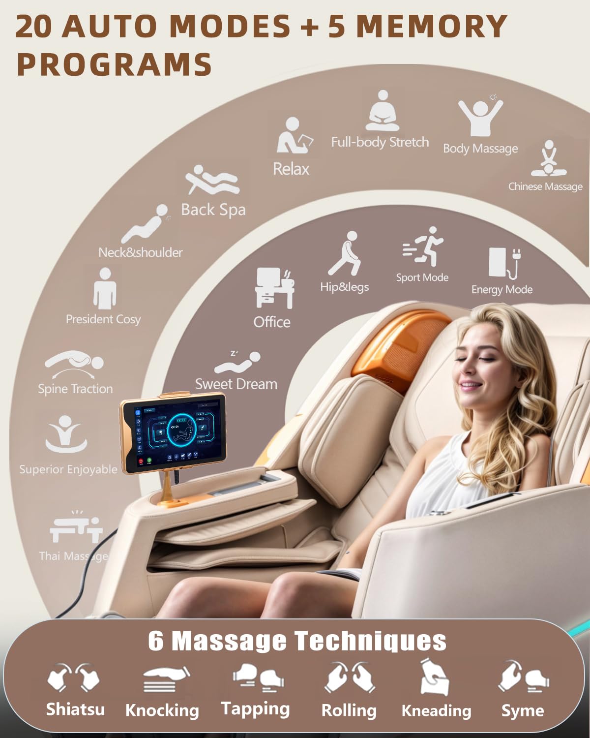 RelaxRelife Massage Chair Full Body, 4D Zero Gravity Massage Chairs, 20 Auto Modes, 11 Massage Technique, 40 Airbags Shiatsu Massage, APP Control with HiFi Bluetooth Speaker Beige