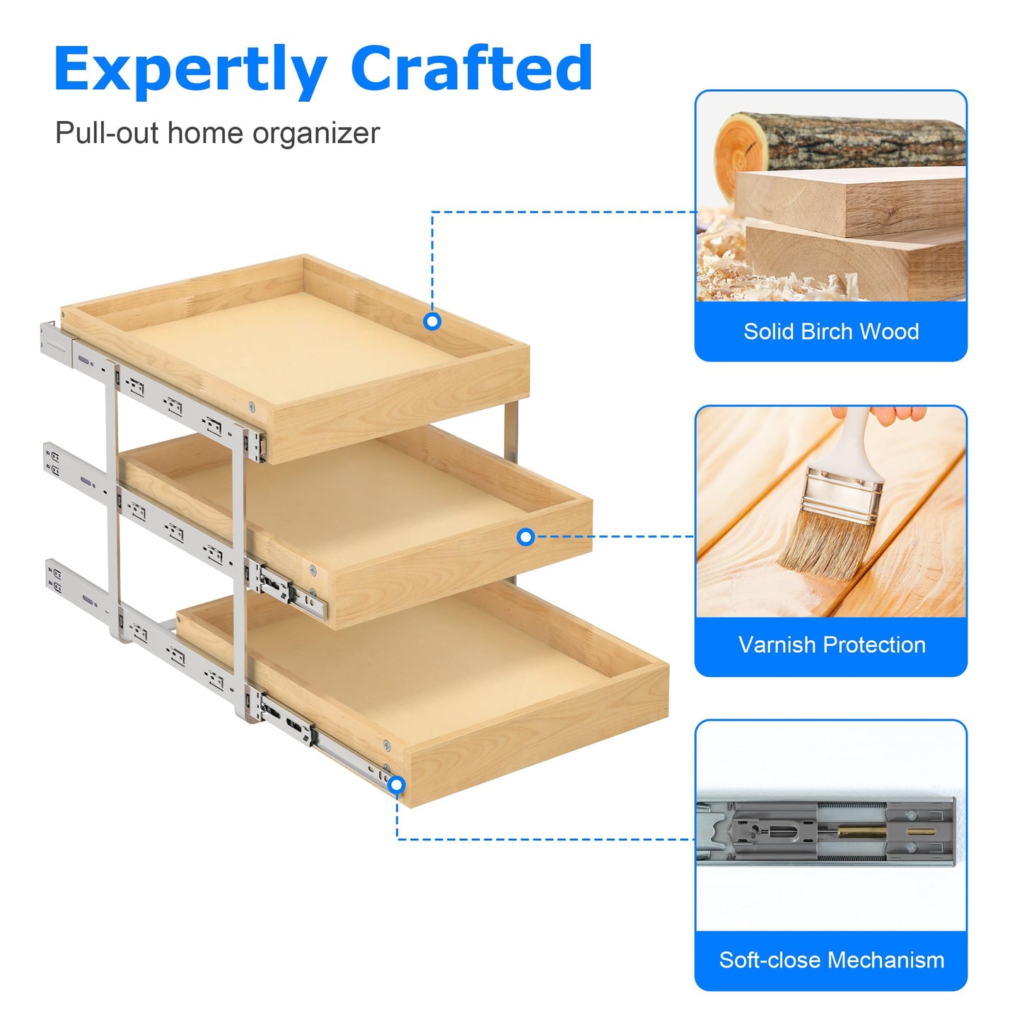 WelFurGeer 3-Tier Pull Out Cabinet Organizer with Soft Close, Heavy-Duty Pull Out Drawers for Cabinets, Slide Out Shelf for Kitchen, Pantry, Bathroom & Under Sink, Solid Birch Wood