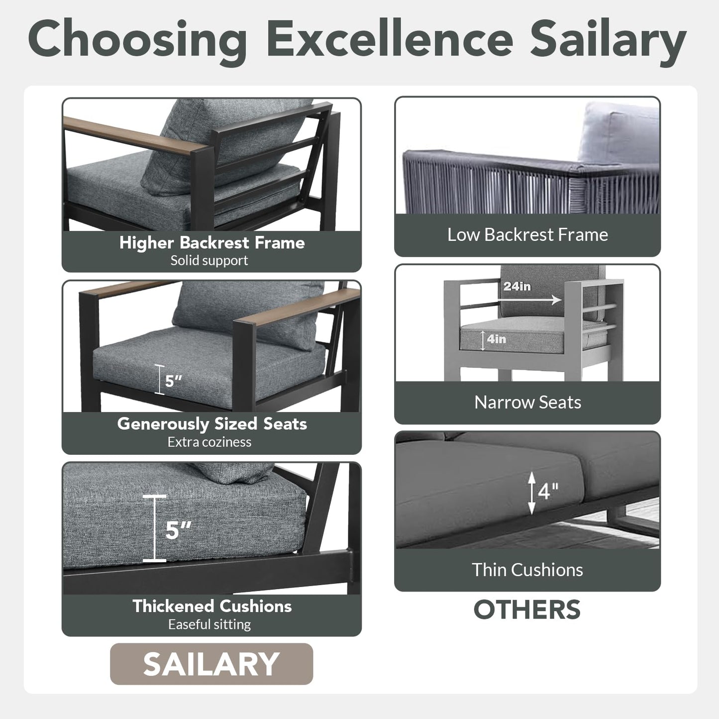 SAILARY Outdoor Patio Furniture Set 4 Seats Luxury Aluminum Patio Conversation Set with Coffee Table, Washable Thick Cushions, Large Sectional Sofa for Porch, Balcony, Deck, Yard, Gray
