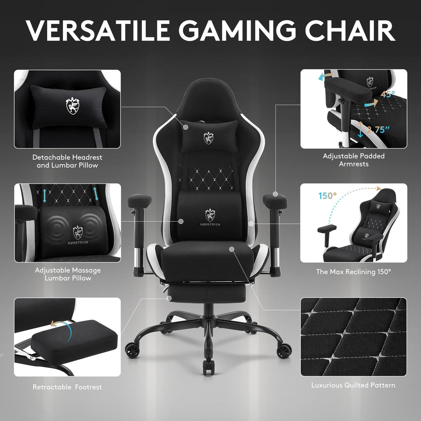 Morkprism Gaming Chair Breathable Fabric,Computer Office Chair with Footrest,Massage Lumbar Support and Gel Pad,Ergonomic Reclining Gamer Chair with Adjustable Armrests and Spring Cushion Black Grey