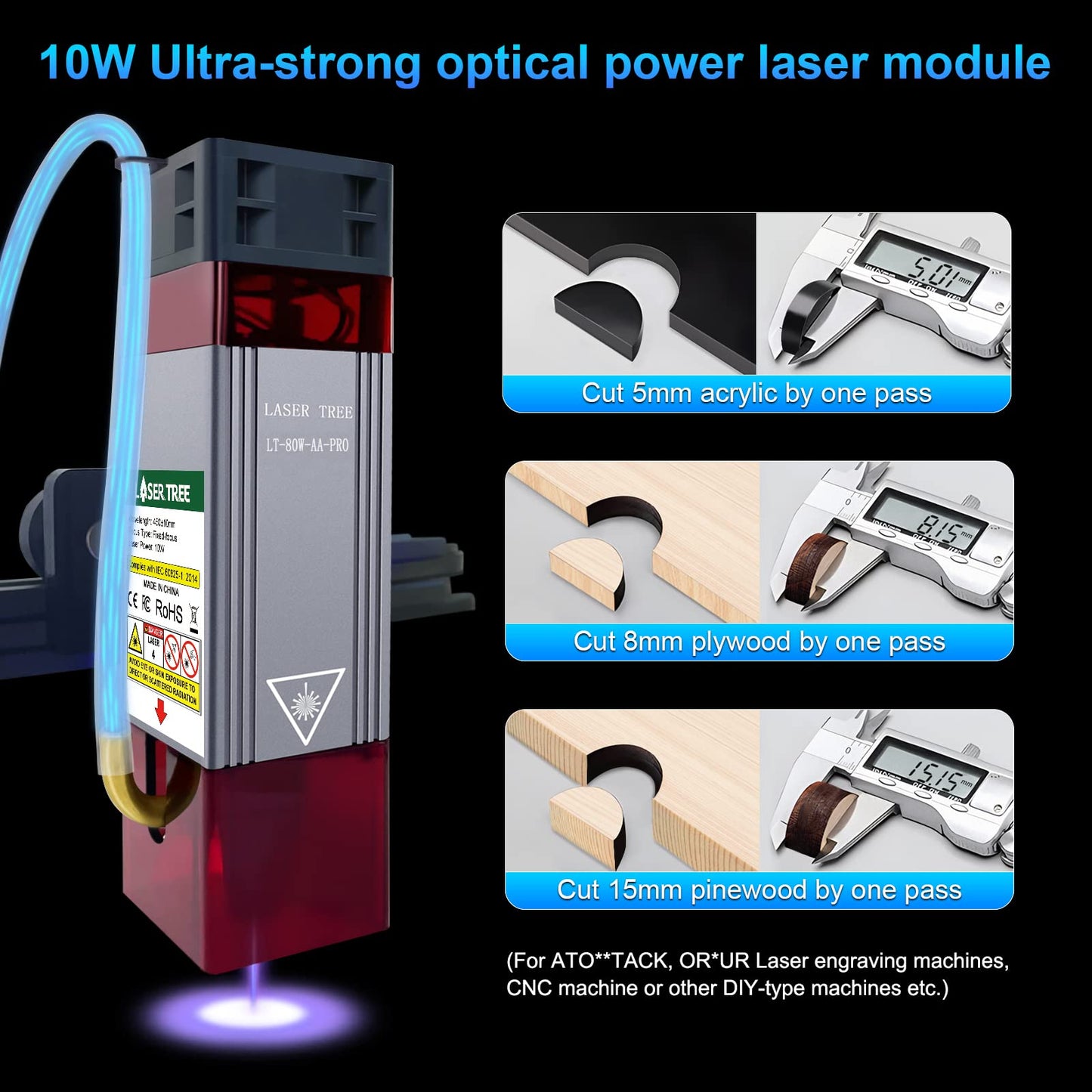 LASER TREE Laser Engraver Module, 10W (10000mW) Optical Power w/Air Assist, Built-in FAC, Double Ultra-Fine Compressed Spot Higher Accuracy Laser Head Class 4, 24V
