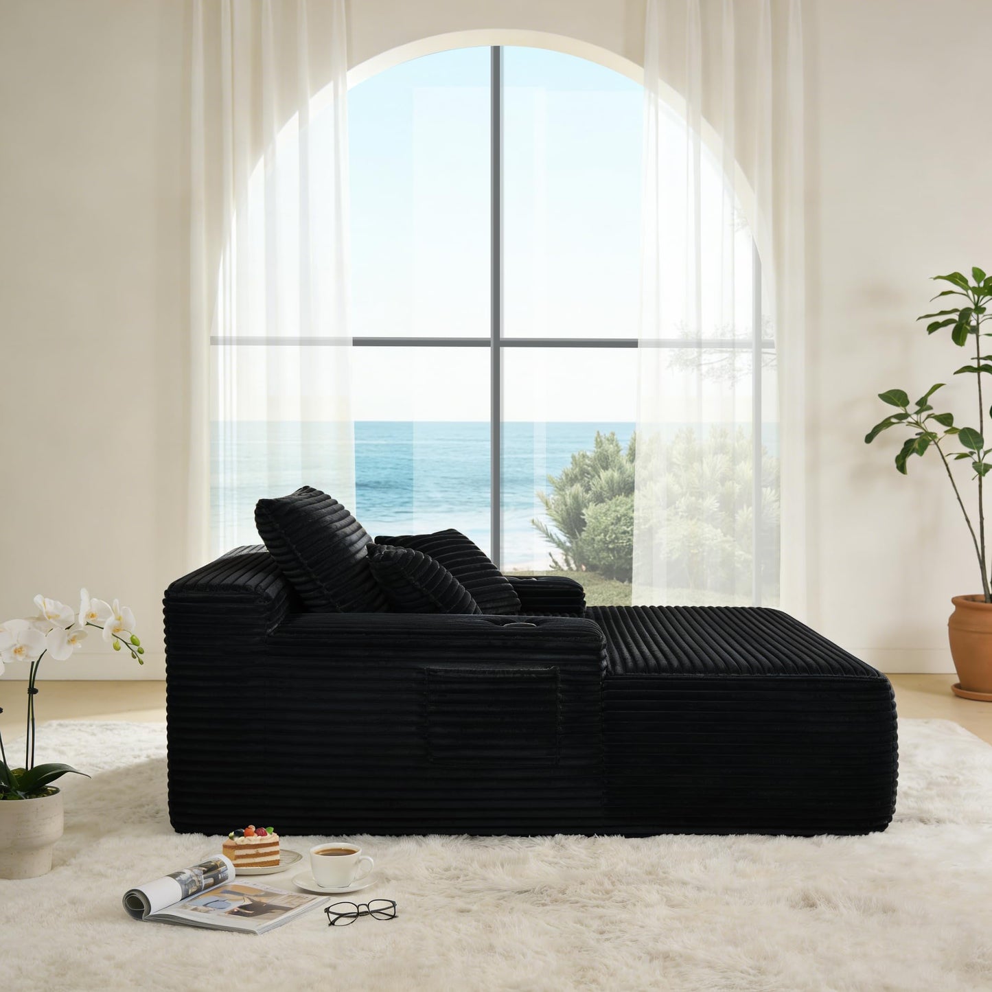 47.2-Inch Fluffy Corduroy Boneless Sleeper Daybed Oversized Single Recliner Foam Cloud Lounge Chaise,Floor Cloud Sofa Chaise Indoor W/2 Toss Pillows and Cupholders