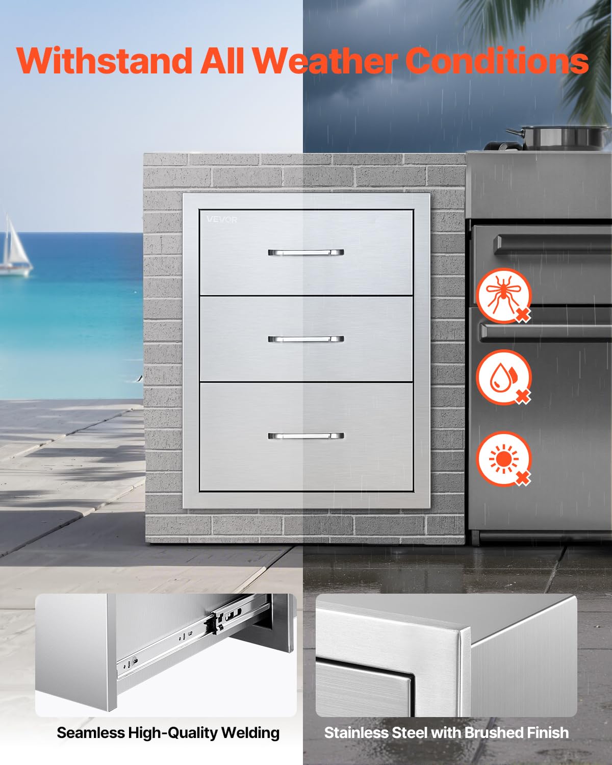 VEVOR Outdoor Kitchen Cabinets 18.11"W x 23.23"D x 23.23"H, Triple-Access Stainless Steel BBQ Drawers with Handles, BBQ Island Drawer for Outdoor Kitchens, Barbeque Island Patio Grill Station