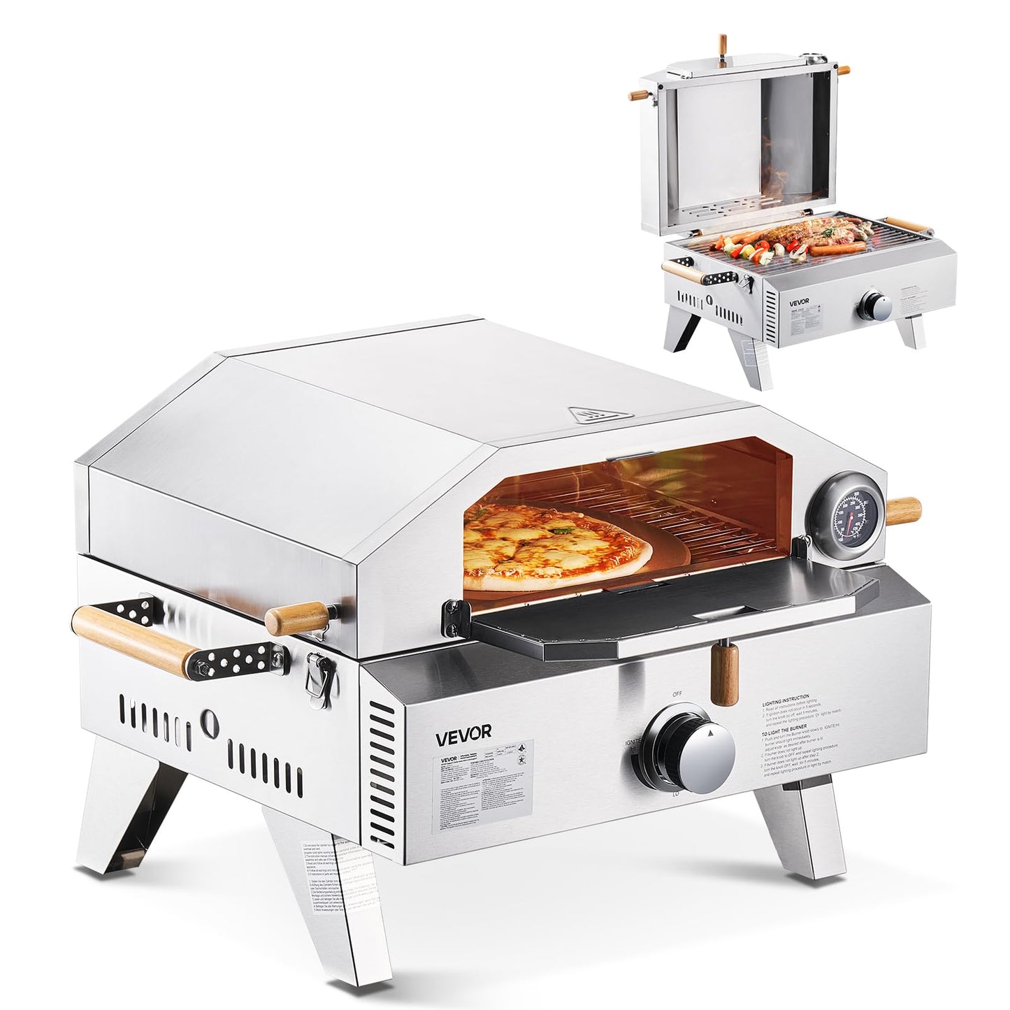 VEVOR 2 IN 1 Outdoor Pizza Oven, 13 in Propane Pizza Oven & Grill, 12,000 BTU Tabletop Propane Gas Oven with Pizza-Stone, Thermometer, Stainless Steel Portable Grill, for Camping & Backyard