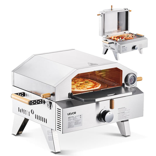 VEVOR 2 IN 1 Outdoor Pizza Oven, 13 in Propane Pizza Oven & Grill, 12,000 BTU Tabletop Propane Gas Oven with Pizza-Stone, Thermometer, Stainless Steel Portable Grill, for Camping & Backyard