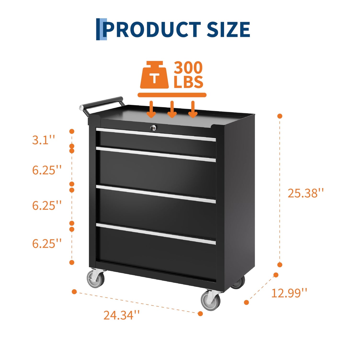 SierraSquad Rolling Tool Chest, 4-Drawer Tool Storage Cabinet, Tool Box with Wheels, Lock System and Drawer Liners, Tool Cart for Warehouse, Workshop and Repair Shop, Black
