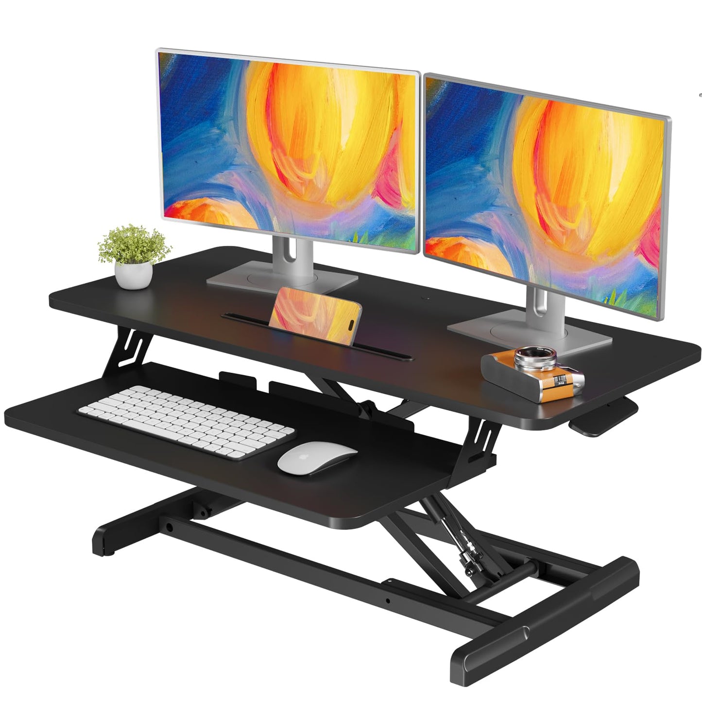 JOY worker Standing Desk Converter, 35" Wide Height Adjustable Sit Stand Up Desk Riser with Keyboard Tray, Desktop Workstation Riser for Home Office Computer Laptop, Particle Board, Black