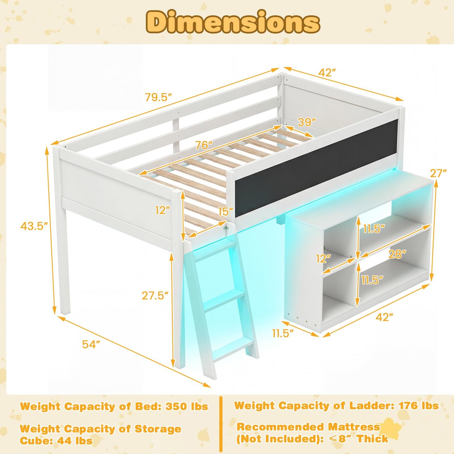 Giantex Low Loft Bed with LED Lights, Twin Size Bed Frames for Kids w/Chalkboard, Removable Bookcase & Under-Bed Storage Space, Wood Loft Beds with Stairs, Safety Guardrail for Girls Boys (White)