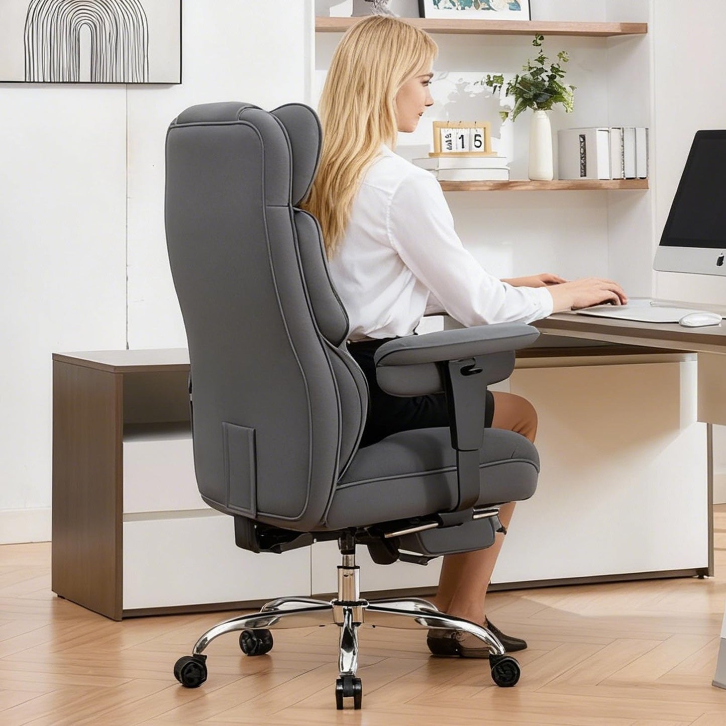 Efomao Big and Tall Office Chair with Footrest, 350lbs Heavy Duty Desk Chair, Extra Wide High Back Executive Office Chair for Long Hours, Reclining Home Office Chair with Breathable Fabric, Blue Grey