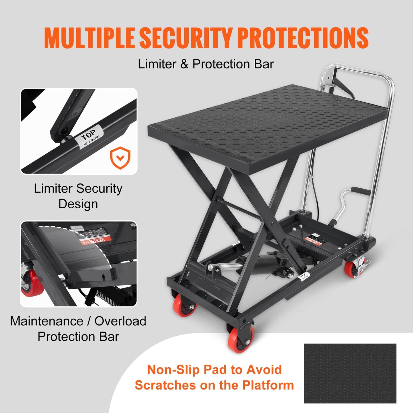 VEVOR TF23 Hydraulic Lift Table Cart, 500lbs Capacity 28.5" with 4 Wheels and Non-Slip Pad, for Material Handling and Transportation, Black