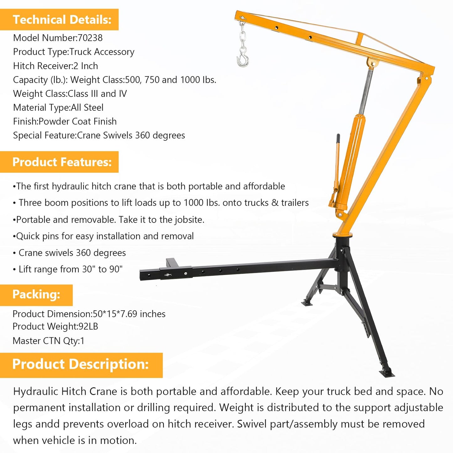 PeakPursuit 1000 LBS Receiver Hitch Crane, Hydraulic Swivel Pickup Truck Crane with 3 Adjustable Boom Options, Heavy Duty Hitch Mounted Crane for Workshop Construction Agriculture Logging, Yellow