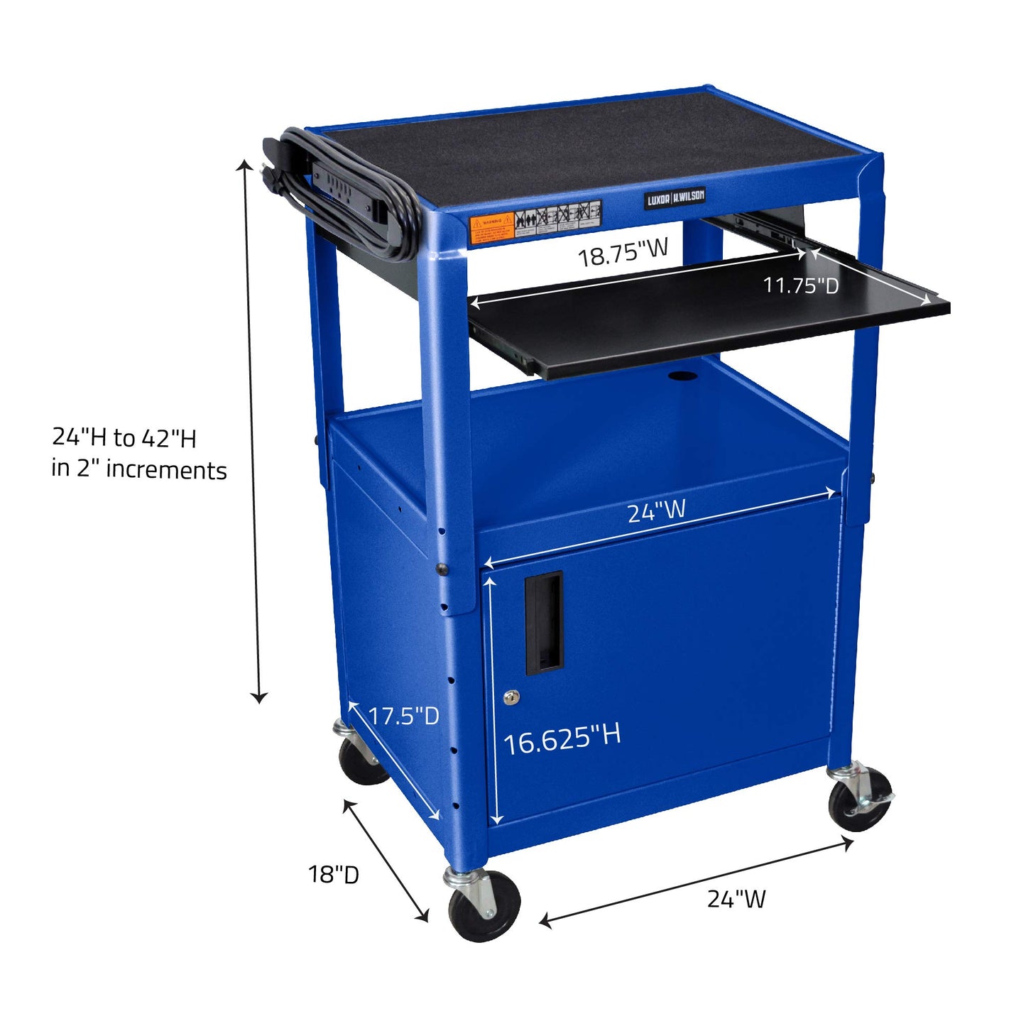 LUXOR AVJ42KBC-RB Steel AV Cart with Adjustable Height, Storage Cabinet and Keyboard Pullout Tray, Blue