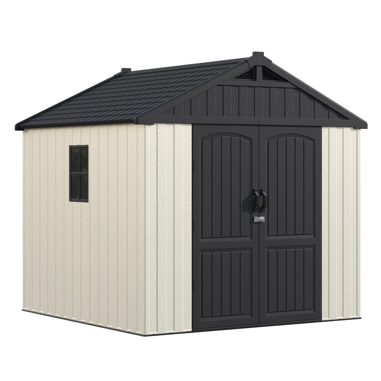 Greesum 8×8 FT Plastic Outdoor Storage Shed with Floor, Resin Sheds with Window and Lockable Door, Weather Resistant, Easy Assemble for Garden, Lawn, Backyard, Beige
