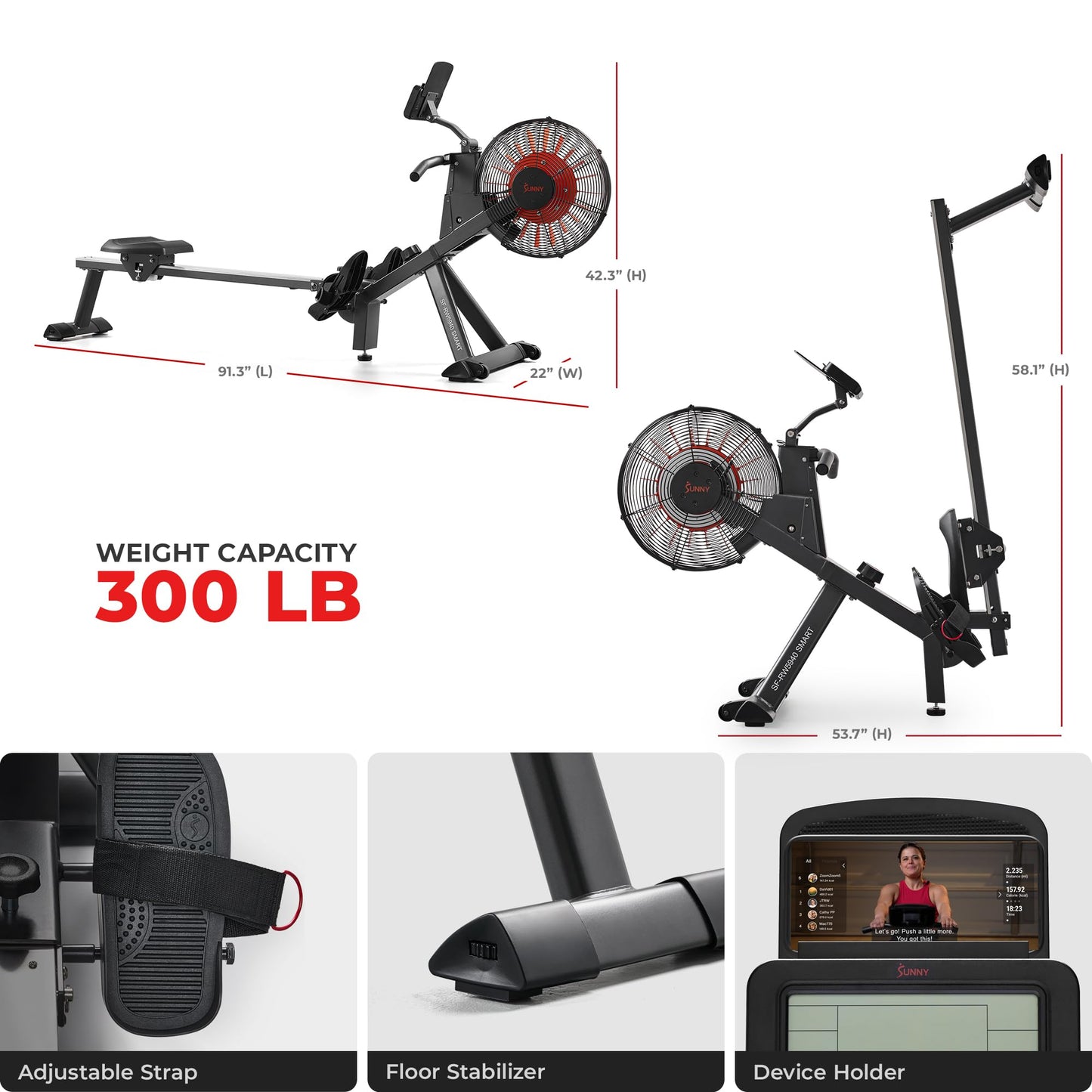 Sunny Health & Fitness Premium Smart Air & Magnetic Resistance Rowing Machine, Foldable Long Silding Rail Exercise Rower for Home Training, Free SunnyFit App Connection