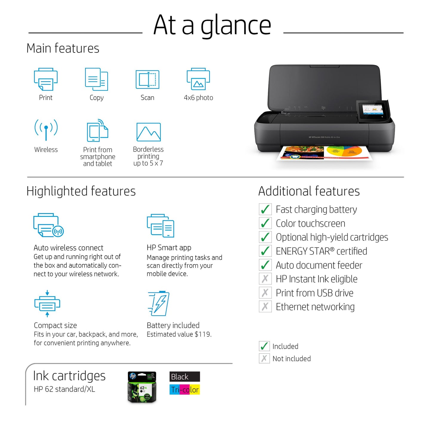 HP OfficeJet 250 Wireless Mobile Printer, Scanner, Copier - Black, Battery Included (CZ992A)