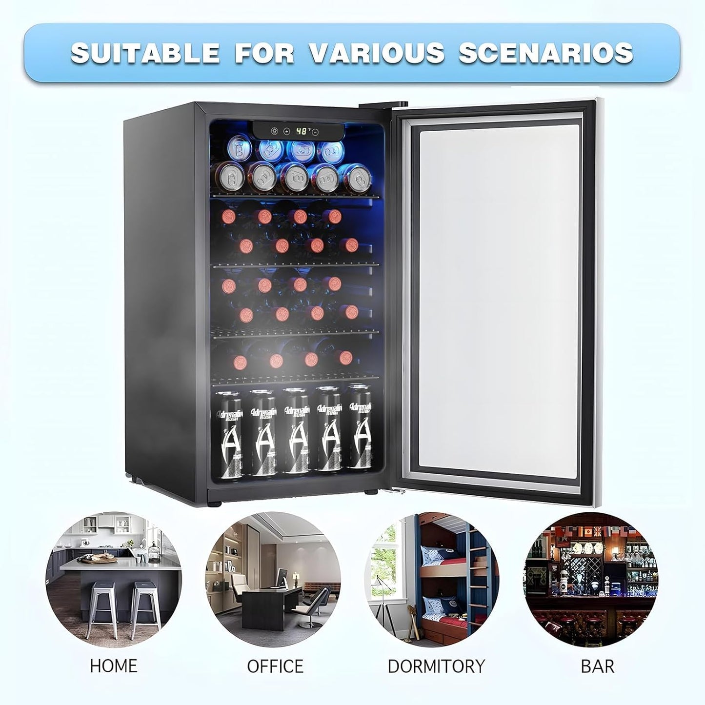 Antarctic Star 26 Bottle 130 Can Wine Cooler/Cabinet Refrigerator Mini Wine Cellar Beer Soda Clear Glass Door Bar Fridge Quiet Compressor Adjust Temp Freestanding Indoor Use 3.1cu.ft Black