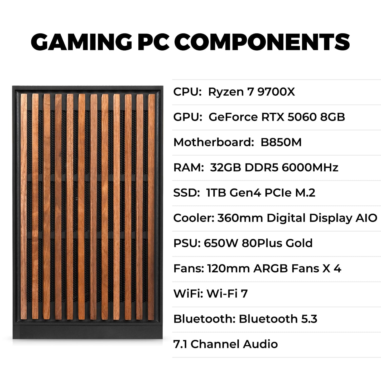 KOTIN Prebuilt Gaming PC Desktop Computer, Ryzen 7 9700X, GeForce RTX 5060 8GB, 32GB DDR5 6000MHz, 1TB PCIe 4.0 SSD, 11.3" Display, 360mm Liquid Cooler, WiFi 7, Windows 11 Home, ARGB Gaming Tower G60B