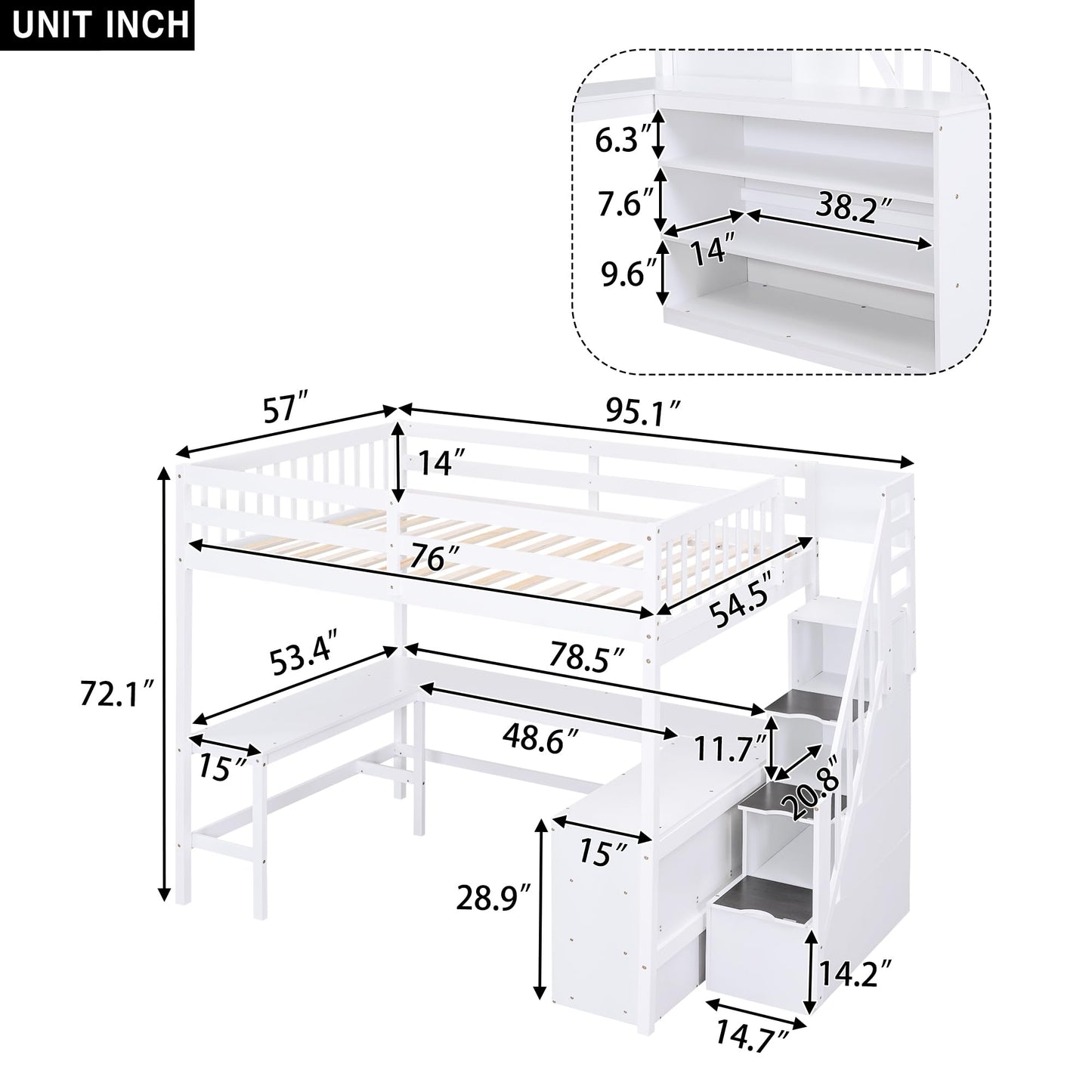 Merax Solid Pine Wood Full Size Loft Bed Frame with Built-in L Shaped Desk & Three-Tier Shelves & Attached Storage Staircase for Kids, Loft Bed with Large Under-Bed Space, No Box Spring Needed, White
