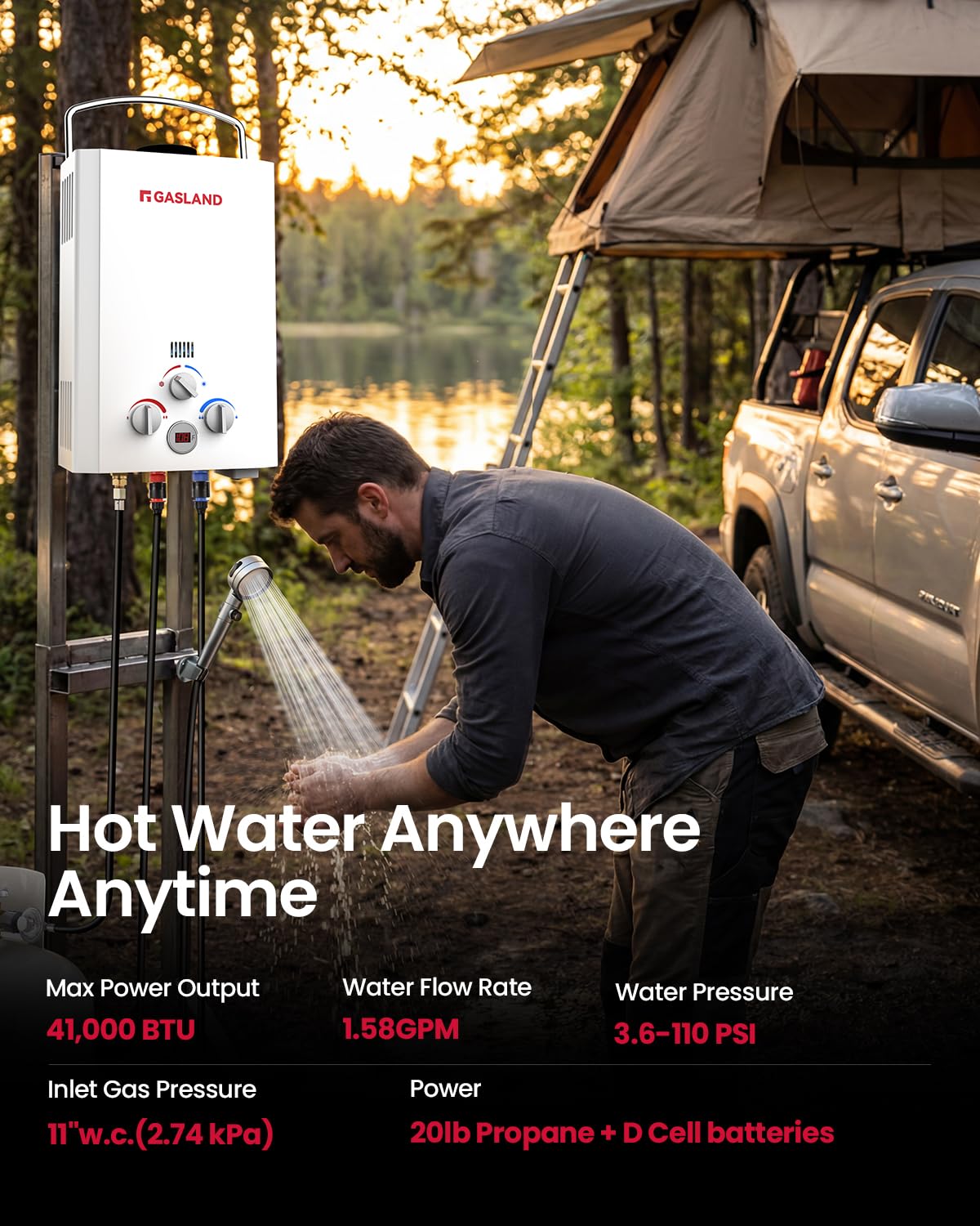 GASLAND BE158 Tankless Water Heater Propane | CSA Certified | 1.58 GPM, 41,000 BTU | Instant Hot Water Heater Outdoor Use Propane Shower for Camping, Off-Grid Living