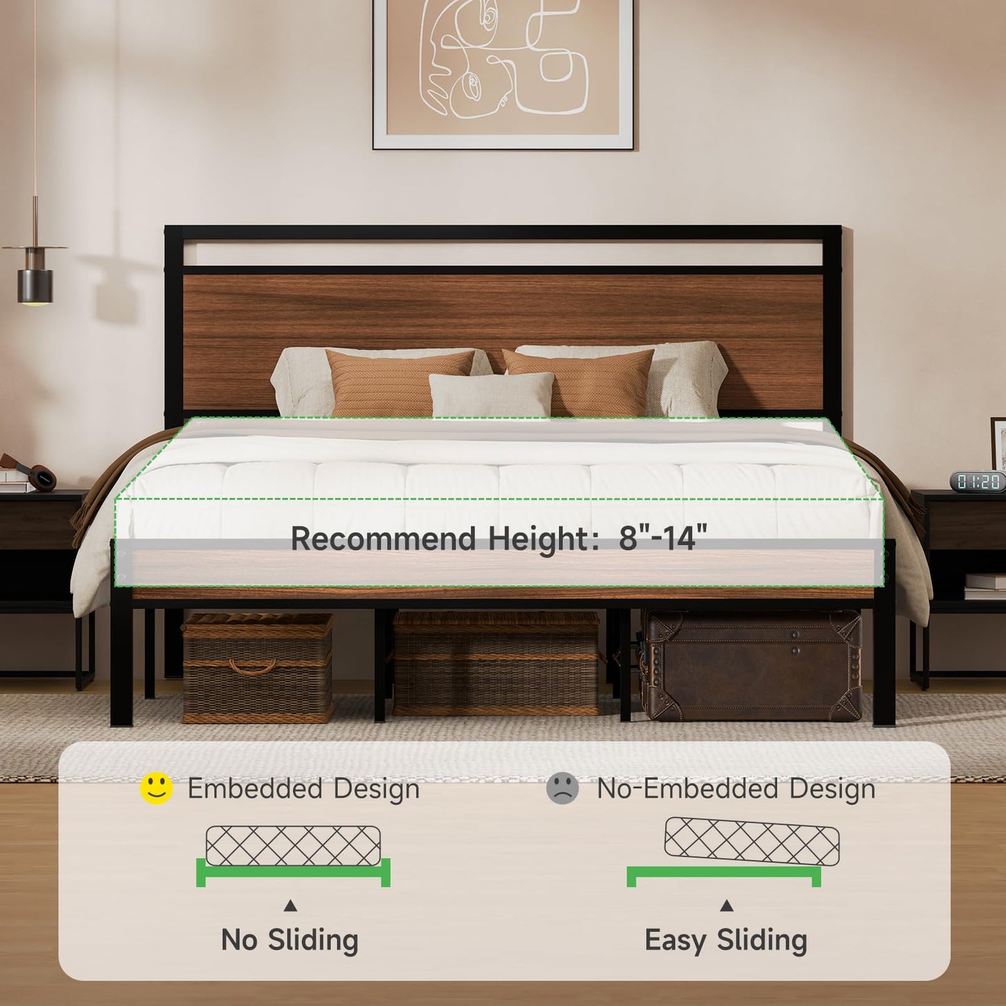 Z-hom King Metal Bed Frame with Wooden Headboard and Footboard, Heavy Duty Platform Frame with Metal Slats, No Box Spring Needed, Quiet and Non-Slip Design, Space Saving Bed Frame for Bedroom,Walnut