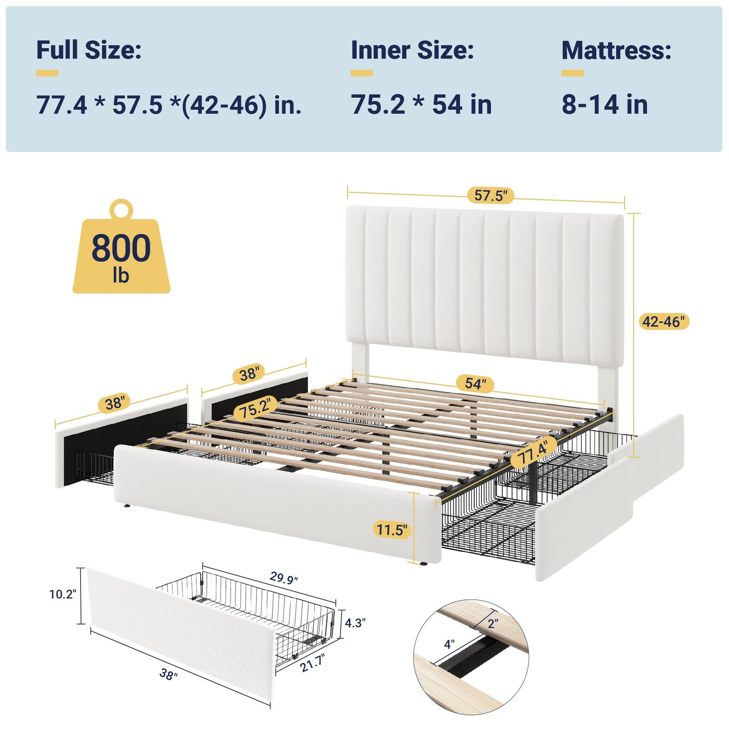 Allewie Full Size Storage Bed Frame, Vertical Channel Tufted Adjustable Headboard, Velvet Upholstered Platform Bed with 4 Oversized Underbed Drawers, Wooden Slats Support, No Box Spring Needed, White