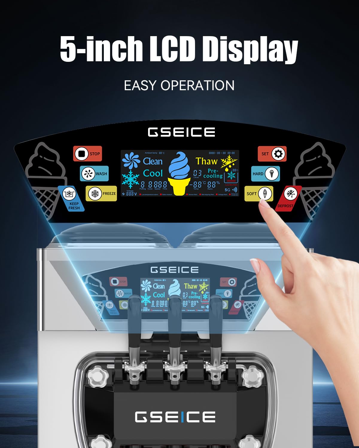 Commercial Ice Cream Maker, 6.8-8.4 Gal/H, 2 * 8L Hopper 110V Countertop Soft Serve Ice Cream Machine, 3 Flavors Puffing Alarm Pre-Cooling For Shops Cafes Dessert Stores, Auto Clean & Touch Screen