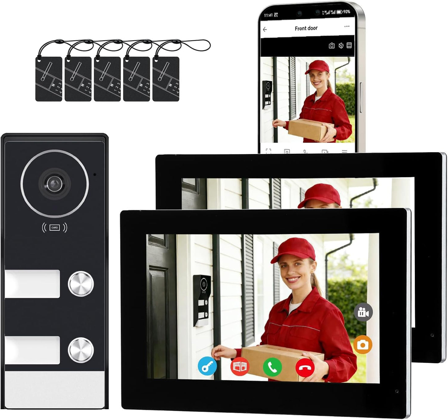 LUMOBELL House Video Intercom System for 2 Families, 1080P Wired Video Doorbell with Two 7-inch Touch Screen Monitors, WiFi 6 Remote App Unlock, RFID Access, 2-Way Audio, Night Vision for Apartment