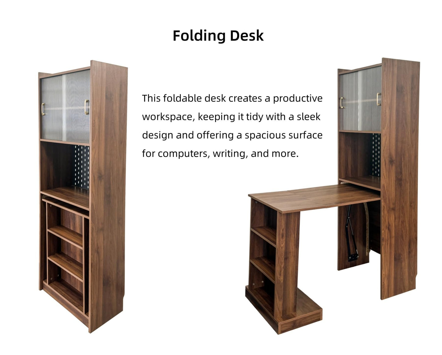 KEIKI Folding Home Office Desks with Pegboard, Glass Doors, Bookshelf & Storage Shelves, Modern Wooden Computer Table Workstation for Work, Study, Writing